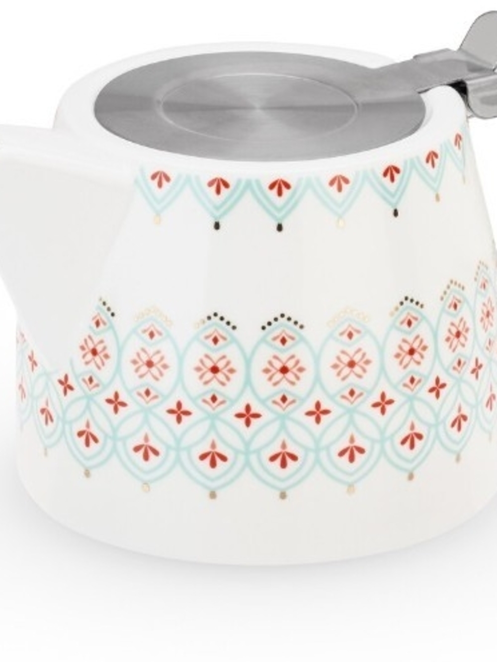 White Ceramic Teapot with Aqua and Coral Pattern